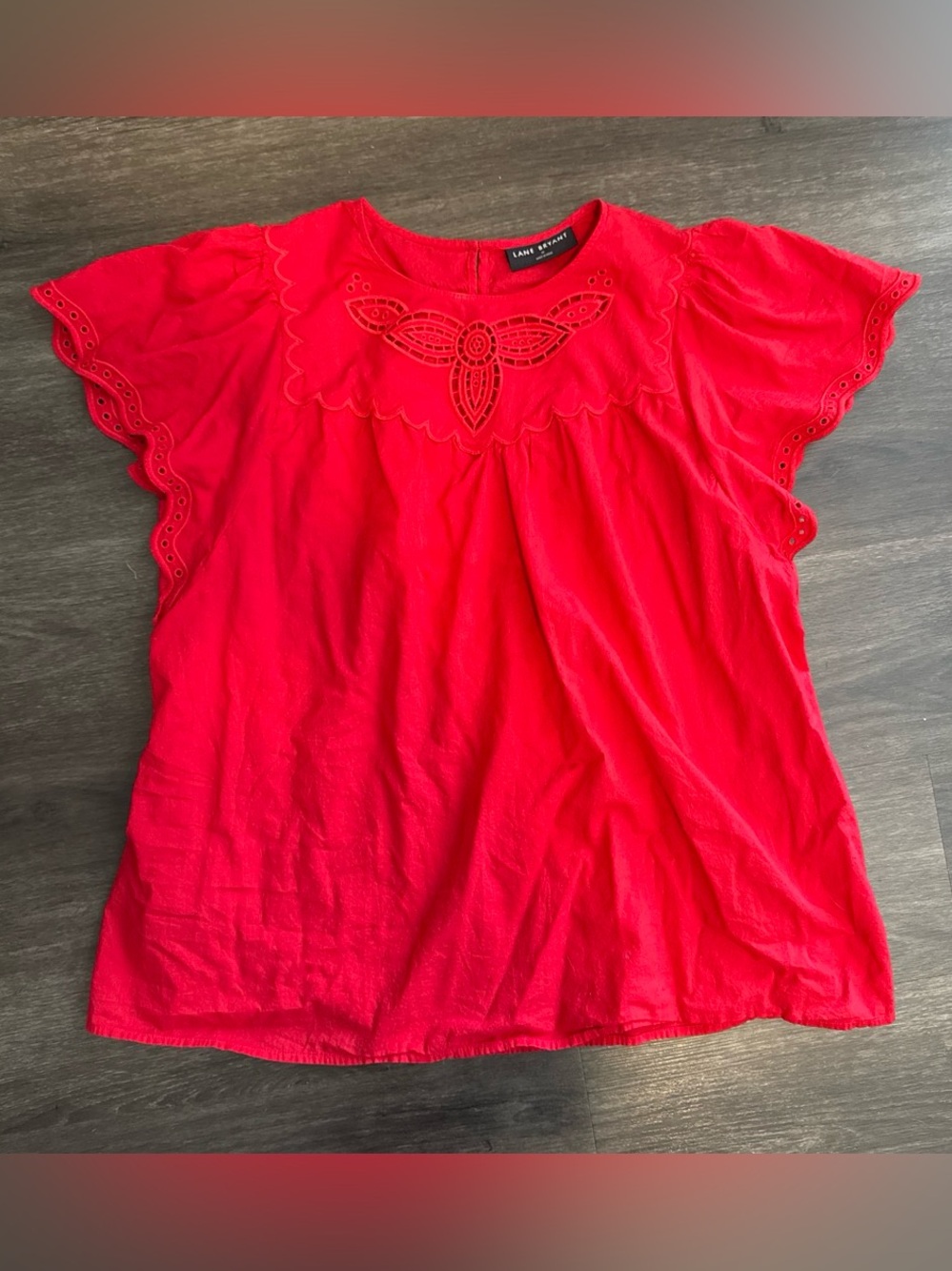 Lane Bryant Bright Red Eyelet-Embroidered Short Sleeve Blouse